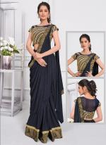  Lycra Navy Blue Wedding Wear Embroidery Work Ready To Wear Saree